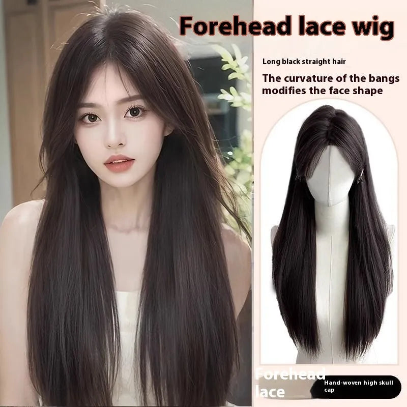 Forehead lace long straight full-head wig in dark brown colour with side bangs styling