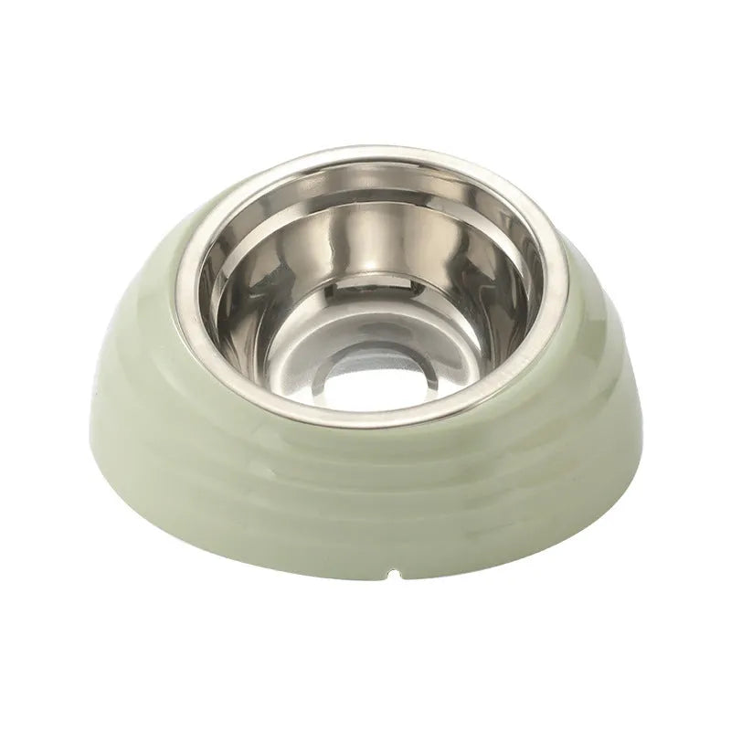 Stainless steel cat bowl on a plastic stand in light green, beige, or brown colour.