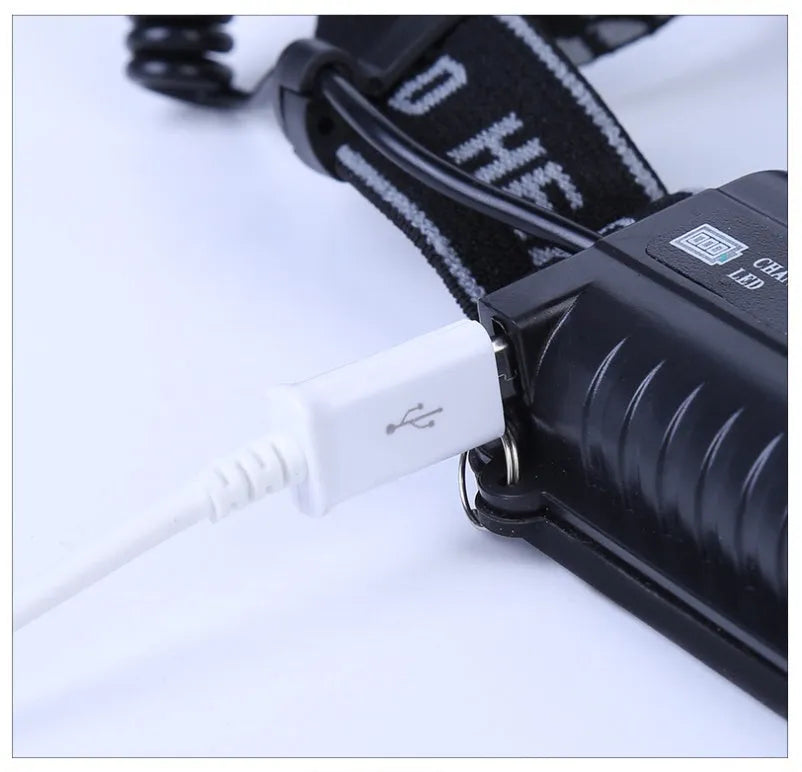 Black head-mounted LED camping torch with adjustable strap and long-range beam shown in outdoor setting.