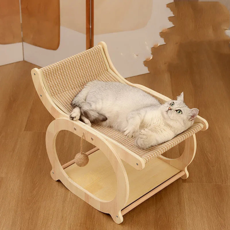 Solid wood cat scratching mat with sisal surface and integrated cat bed in walnut colour