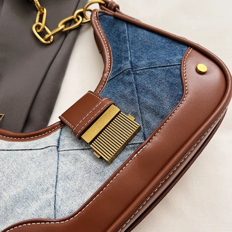 Brown denim women's shoulder bag with diamond mesh and chain details showing internal mobile phone pocket