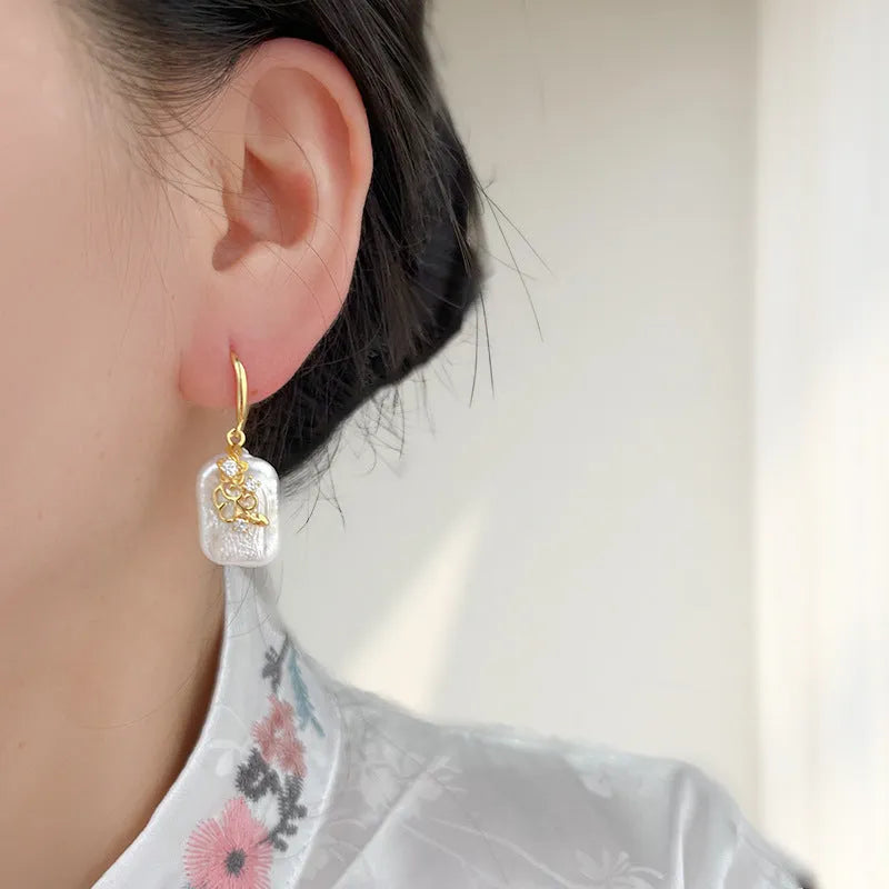 Copper plated real gold geometric Baroque pearl earrings with floral inlay for women