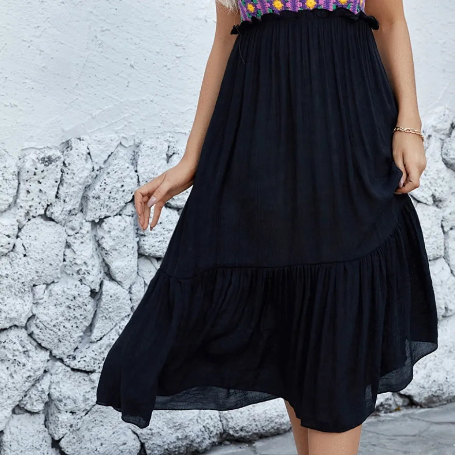Purple sleeveless dress with detailed hand-hooked floral embroidery patterns on cotton blend fabric