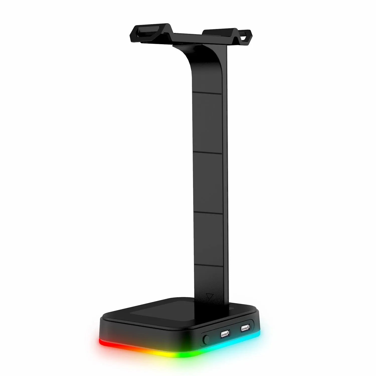 RGB headset display rack with dual USB charging ports and colour-changing acrylic side panels