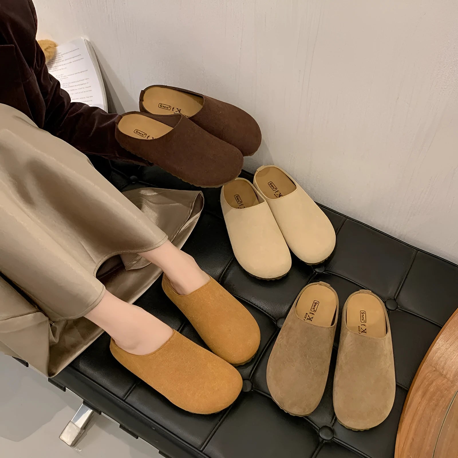 Korean style ugly soft broken slippers in apricot colour with square toe and flat PU sole