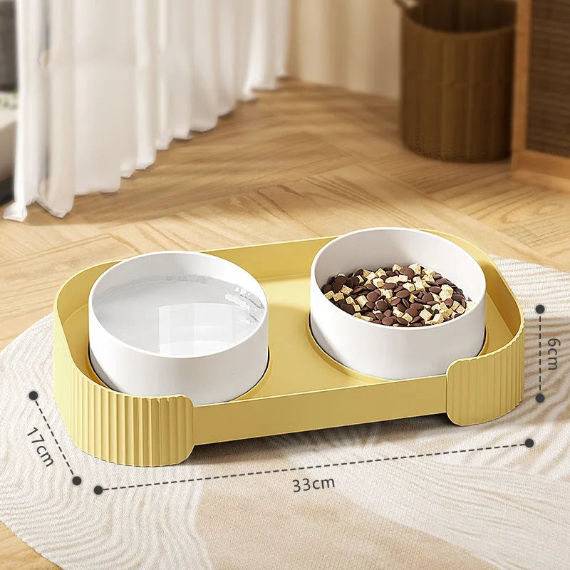 Ceramic elevated cat bowls with 15 degree tilt and non-slip base in green, white or yellow