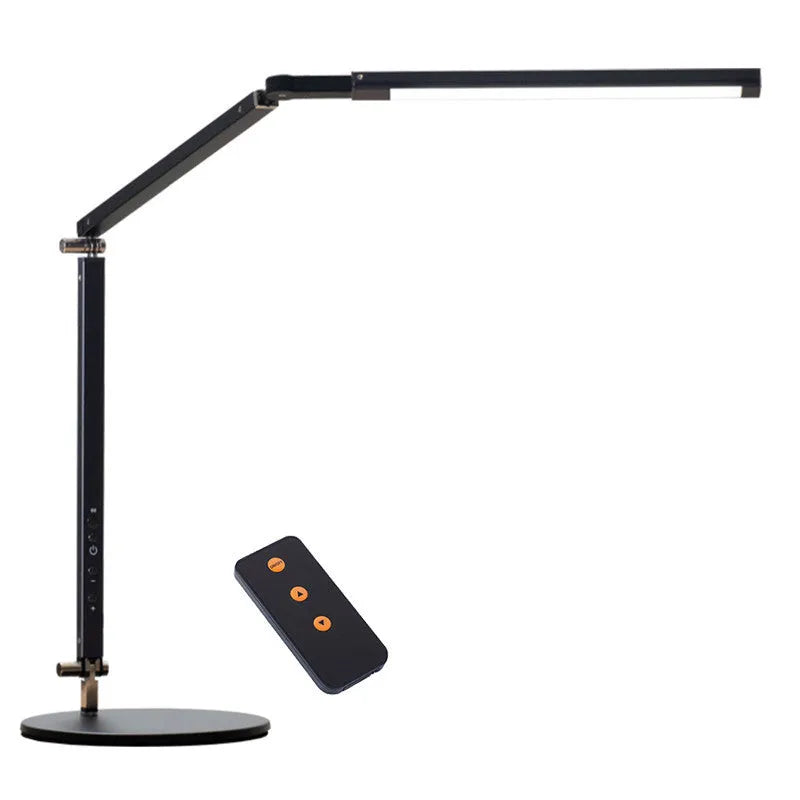 Aluminium clip-on folding desk lamp with remote control, shown in dazzling black finish.