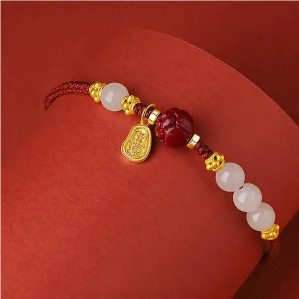 925 silver women's bracelet with Hetian jade and cinnabar red rope on adjustable chain