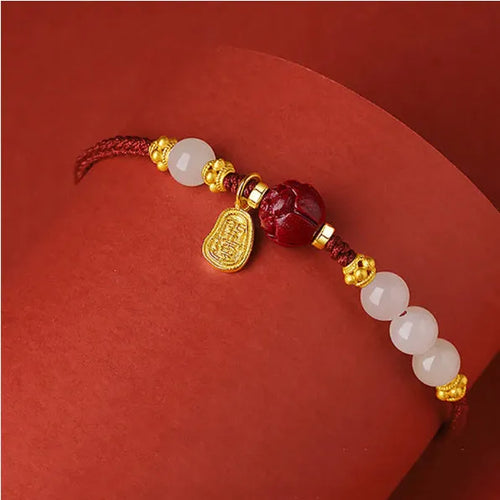 925 silver women's bracelet with Hetian jade and cinnabar red rope on adjustable chain