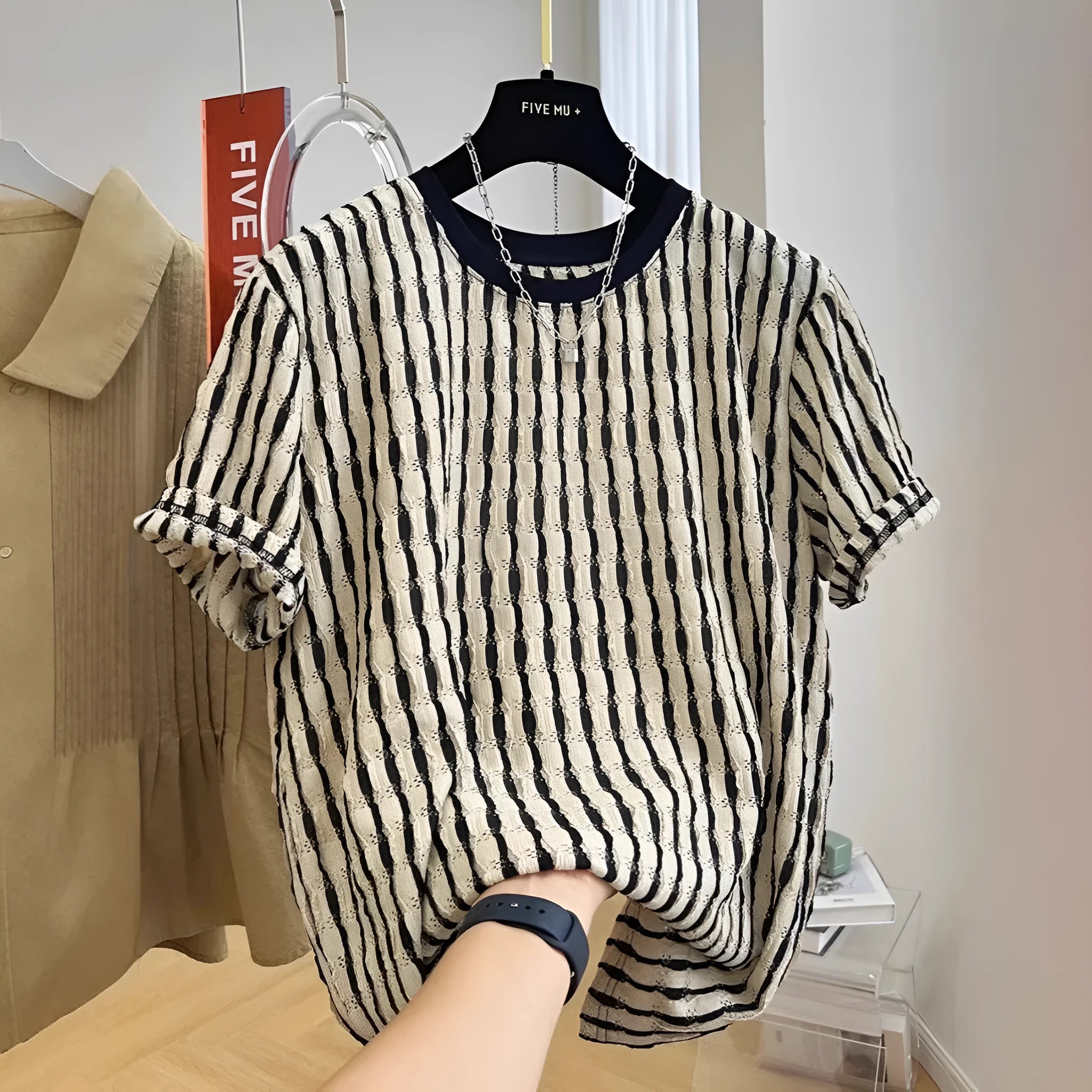 Black striped men's loose-fit short sleeve casual shirt made from linen and silk fabric