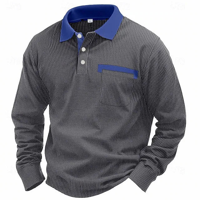 Men's long-sleeved waffle texture polo shirt with asymmetric design in available colours
