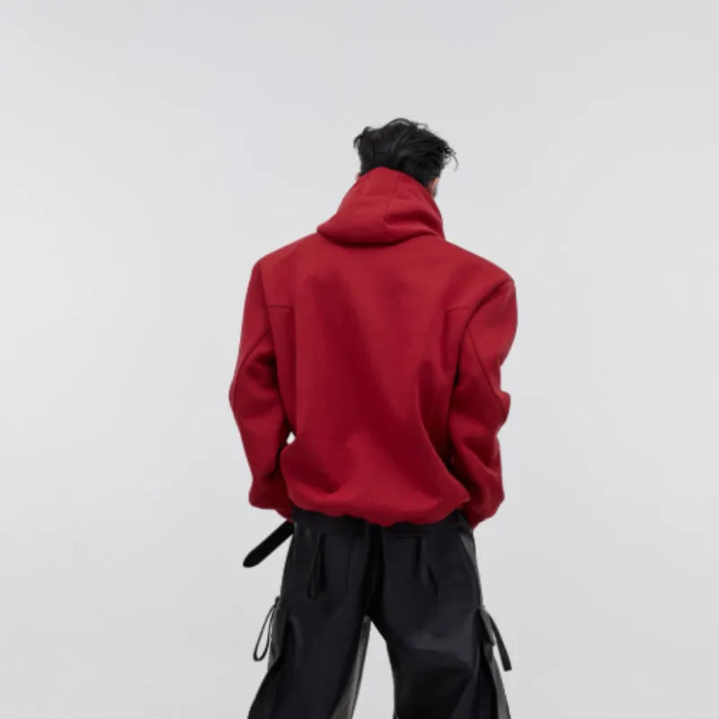 Men's black hooded sweater with heavy shoulder pads and silver metallic 3D printing design.