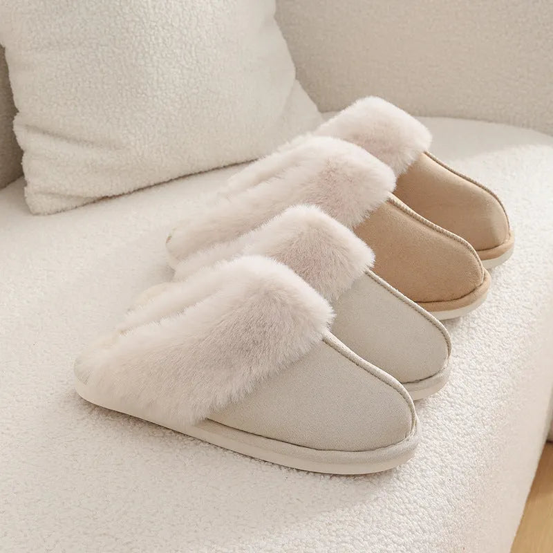 Women's brown plush indoor slippers with artificial wool lining and a textured PVC sole.