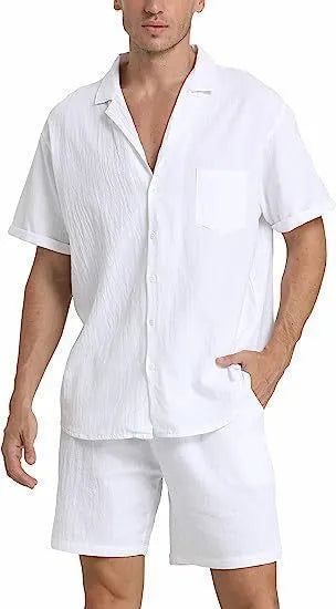 Men's flax linen short-sleeve top and shorts summer sports suit in army green
