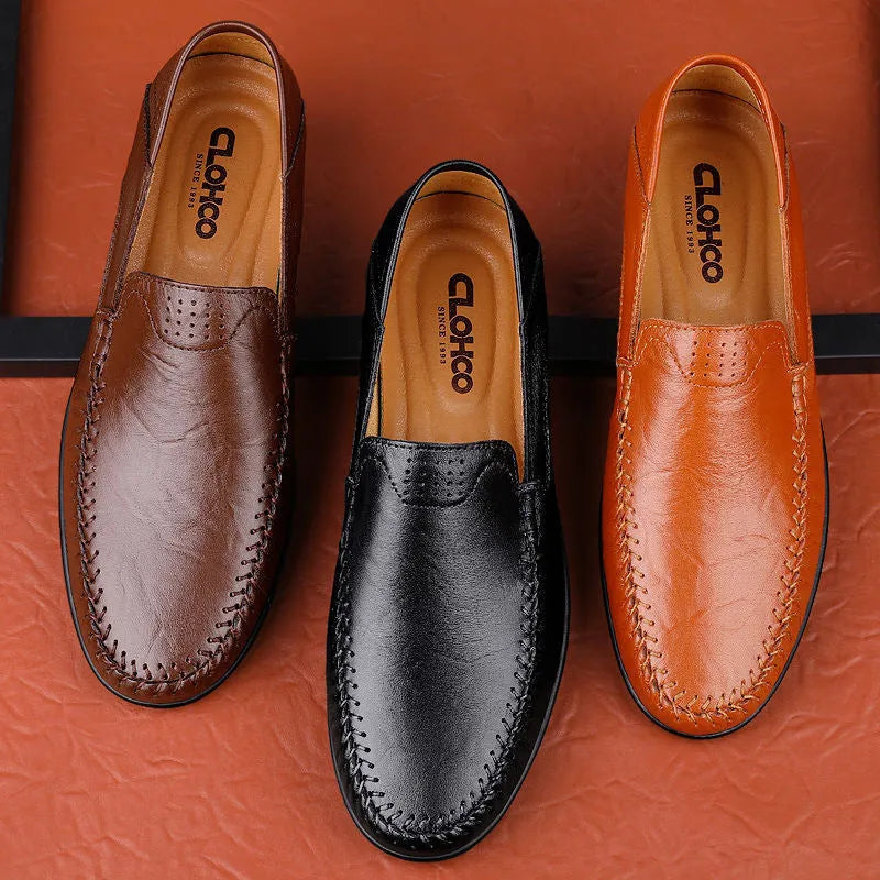 Men's brown leather casual shoes with round toe design and rubber sole for business casual wear