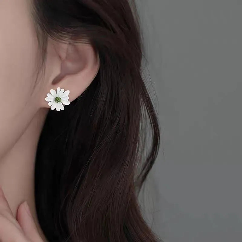 Cartoon flower alloy earrings with summer colour contrasts in blue orange, white green, and yellow white combinations