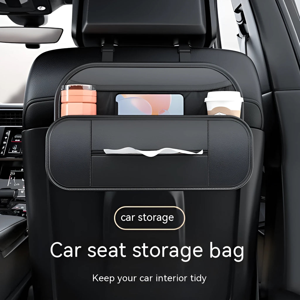 Black leather car seat back storage bag with adjustable straps measuring 36cm wide by 24cm high
