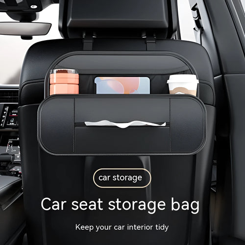 Black leather car seat back storage bag with adjustable straps measuring 36cm wide by 24cm high