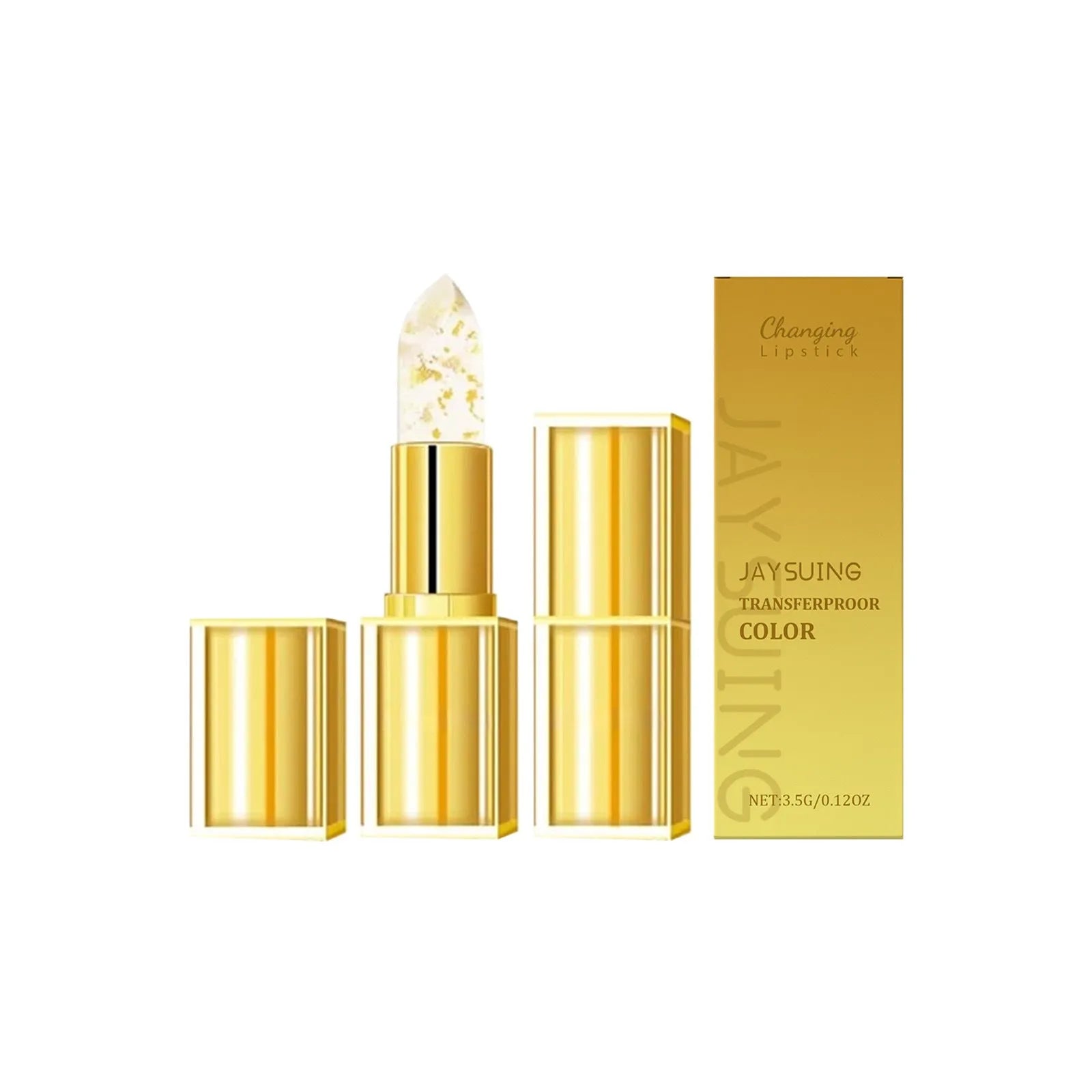 Gold Foil Nourishing Lipstick in a gold case with 3.5g net content.