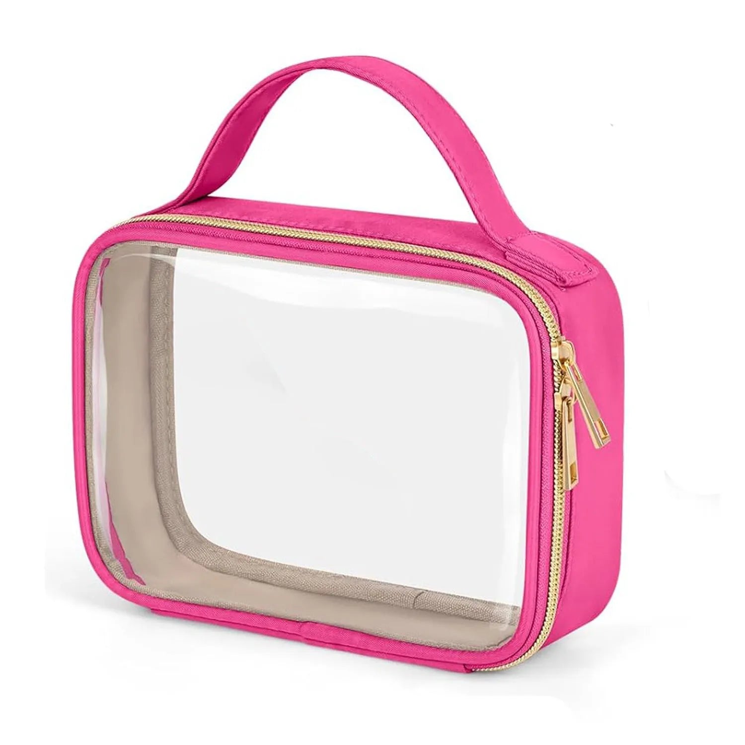 Transparent PVC cosmetics wash bag with chain in multiple colour options on a white background.