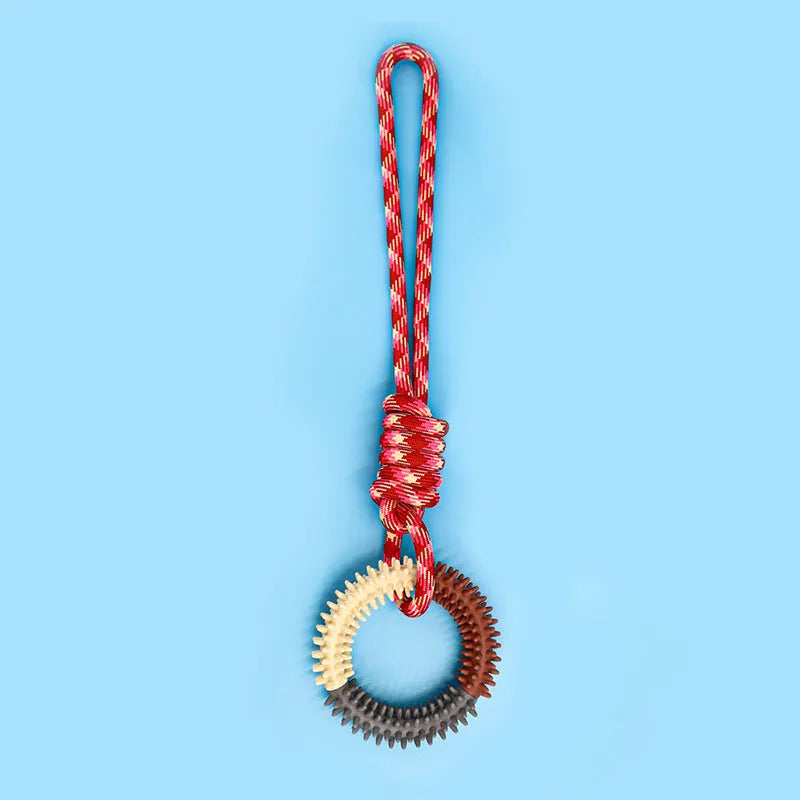 43 cm long braided rope dog chew toy with multiple knots in Blue, Red, and Rose Red colour options