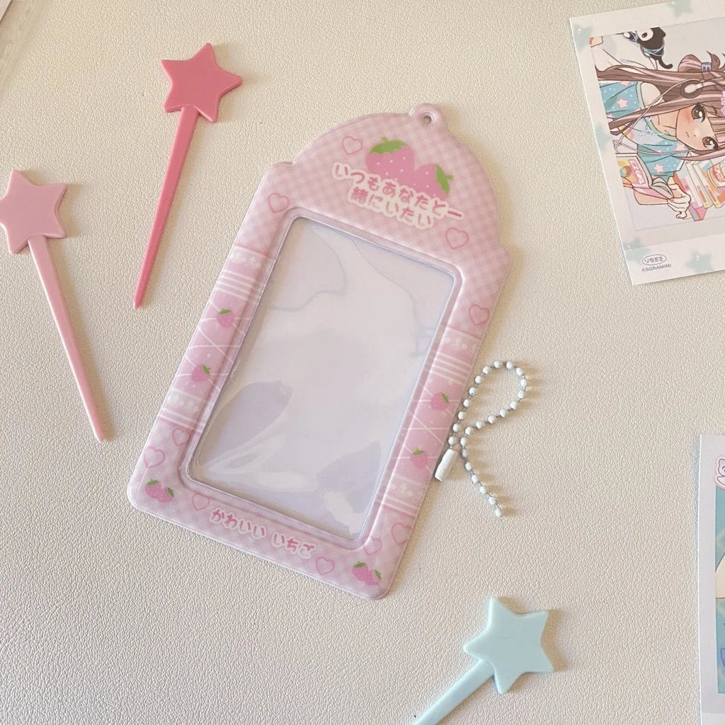Cartoon strawberry or four-leaf clover PVC meal card holder pendant with clear card sleeve