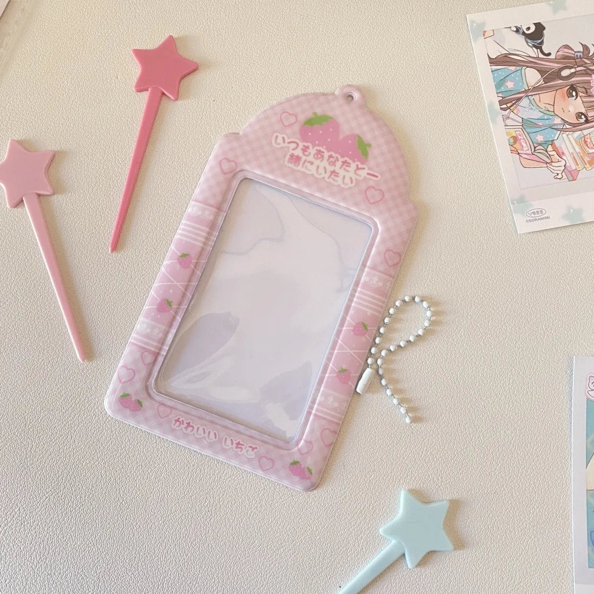 Cartoon strawberry or four-leaf clover PVC meal card holder pendant with clear card sleeve