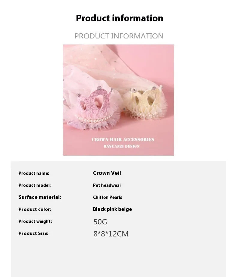 Princess crown headdress with veil for a cat, shown in beige and pink colour options.