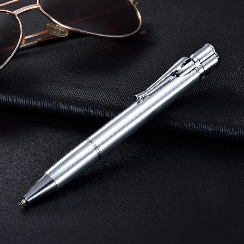 Silver metal windproof jet pen lighter with a blue flame, showing its slim 170mm design.