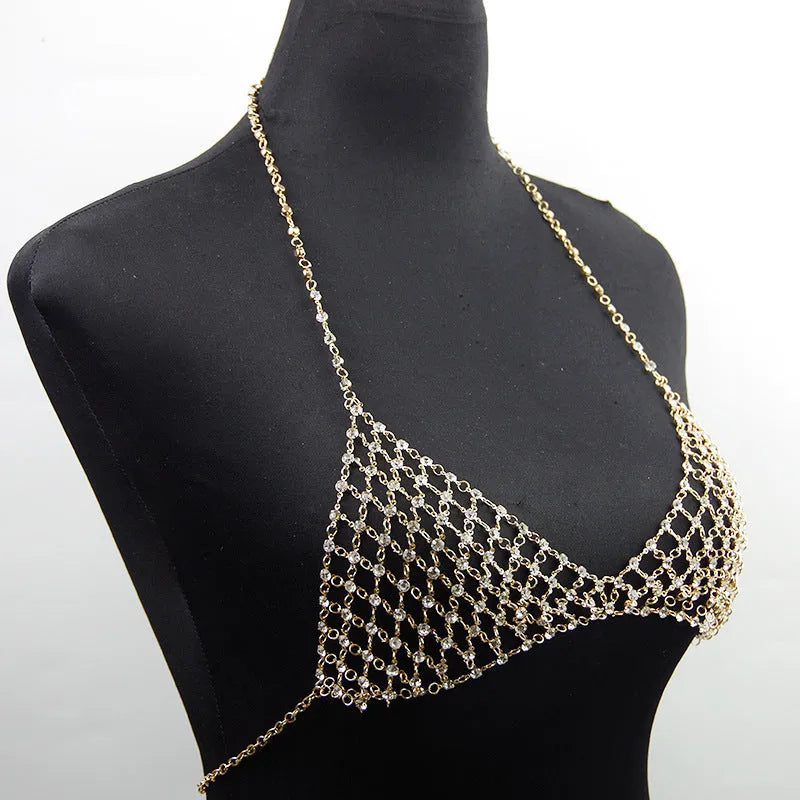 Gold leisure nightclub body chain artificial diamond chest necklace on display showing copper ball bead chain