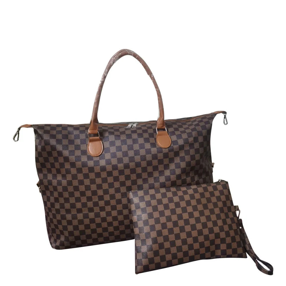 Women's fashion travel bag large capacity 22 inch PU leather plaid holdall in blue with small bag