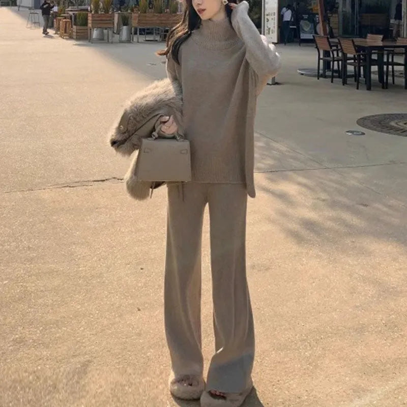Women's casual acrylic sweater and wide leg trousers two-piece set in solid colour
