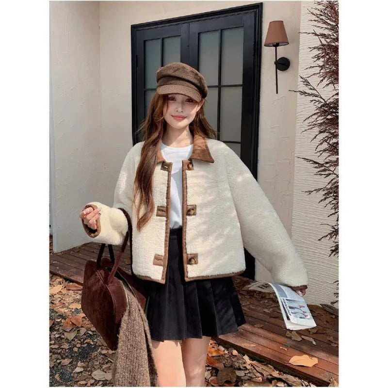 Women's double-sided reversible lamb fur coat in brown, thick acrylic fabric, loose fit with flight sleeves