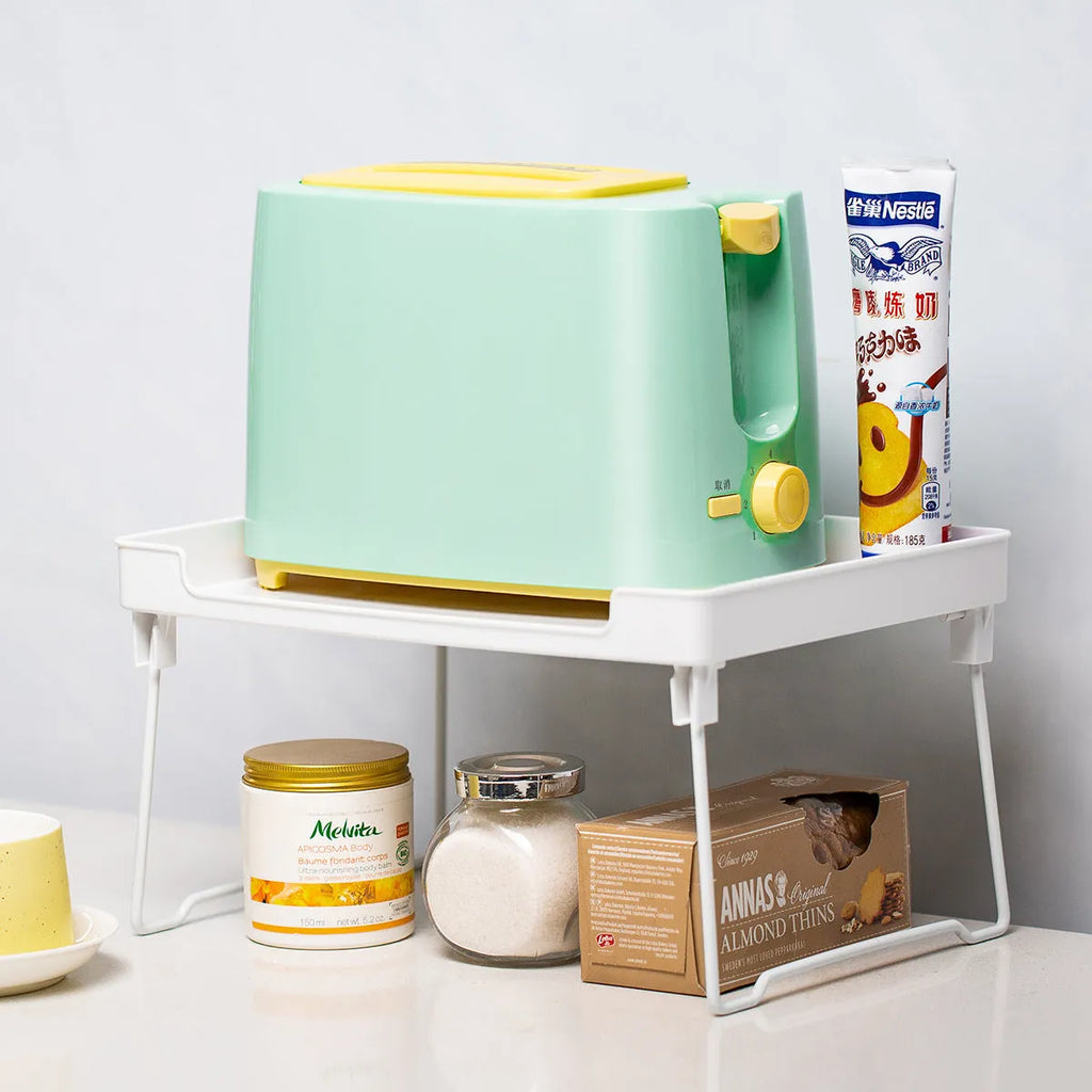 Transparent or white plastic kitchen supplies rack for desktop or cupboard storage organisation
