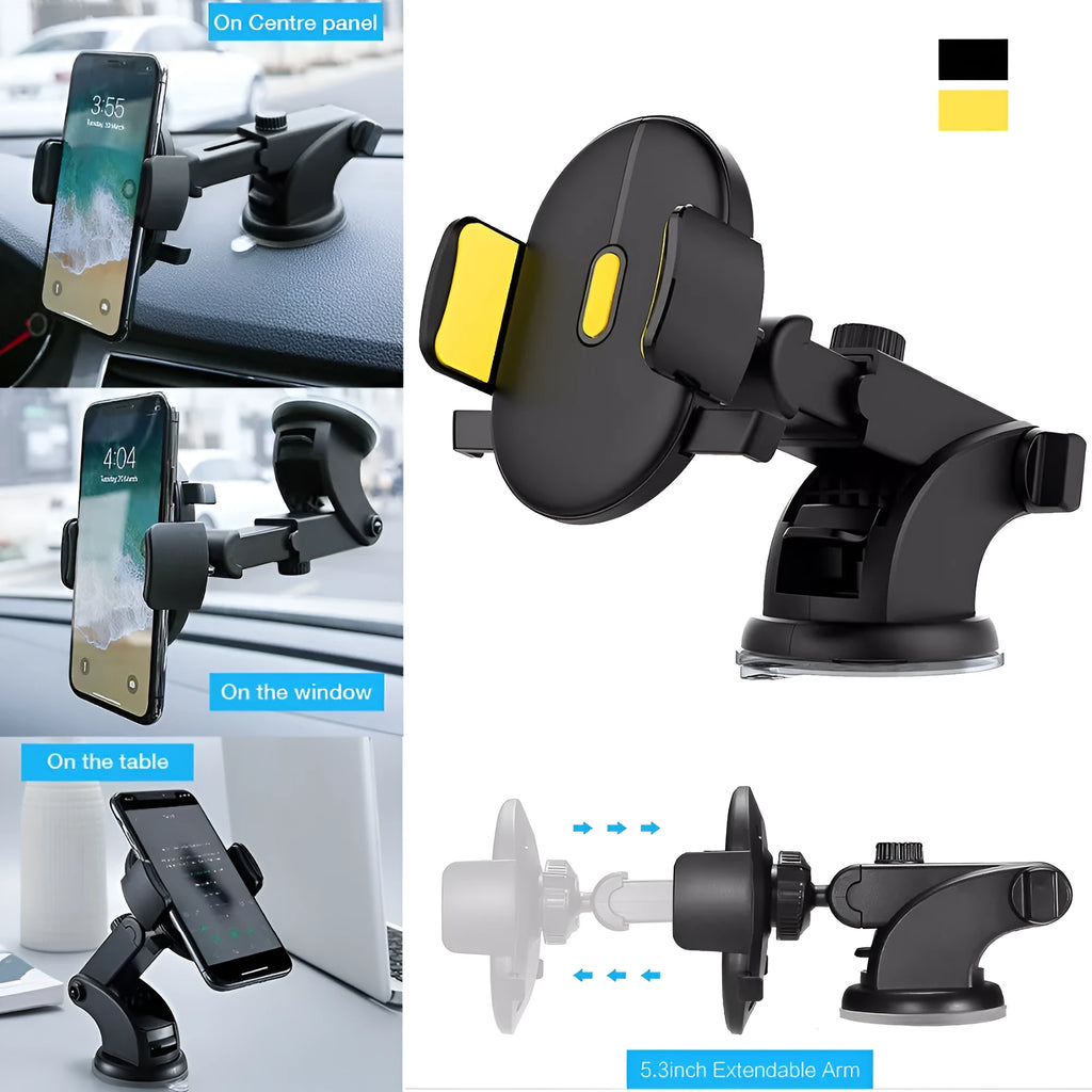 Yellow car phone holder with telescopic arm and suction cup mount on textured dashboard