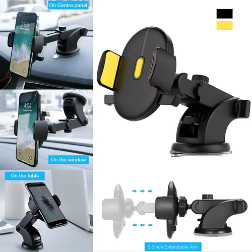 Yellow car phone holder with telescopic arm and suction cup mount on textured dashboard