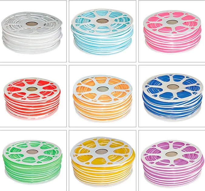 Flexible silicone neon light bar showing 8mm width and nine colour options including blue, green, yellow, orange