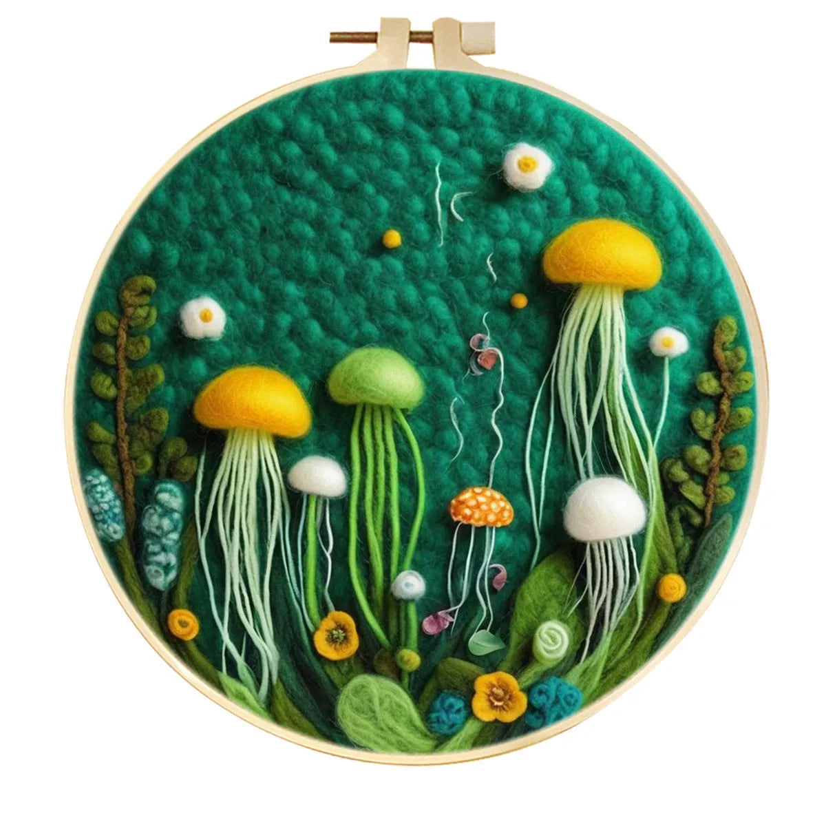 Round linen embroidery kit with wool felt pieces for 3D flowers and leaves, includes a free frame.