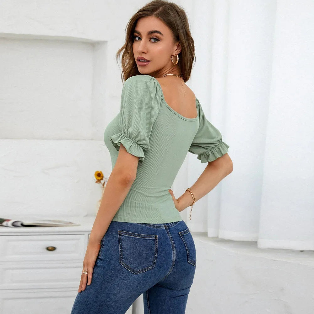 Women's light green slim fit puff sleeve knit top with shirring detail