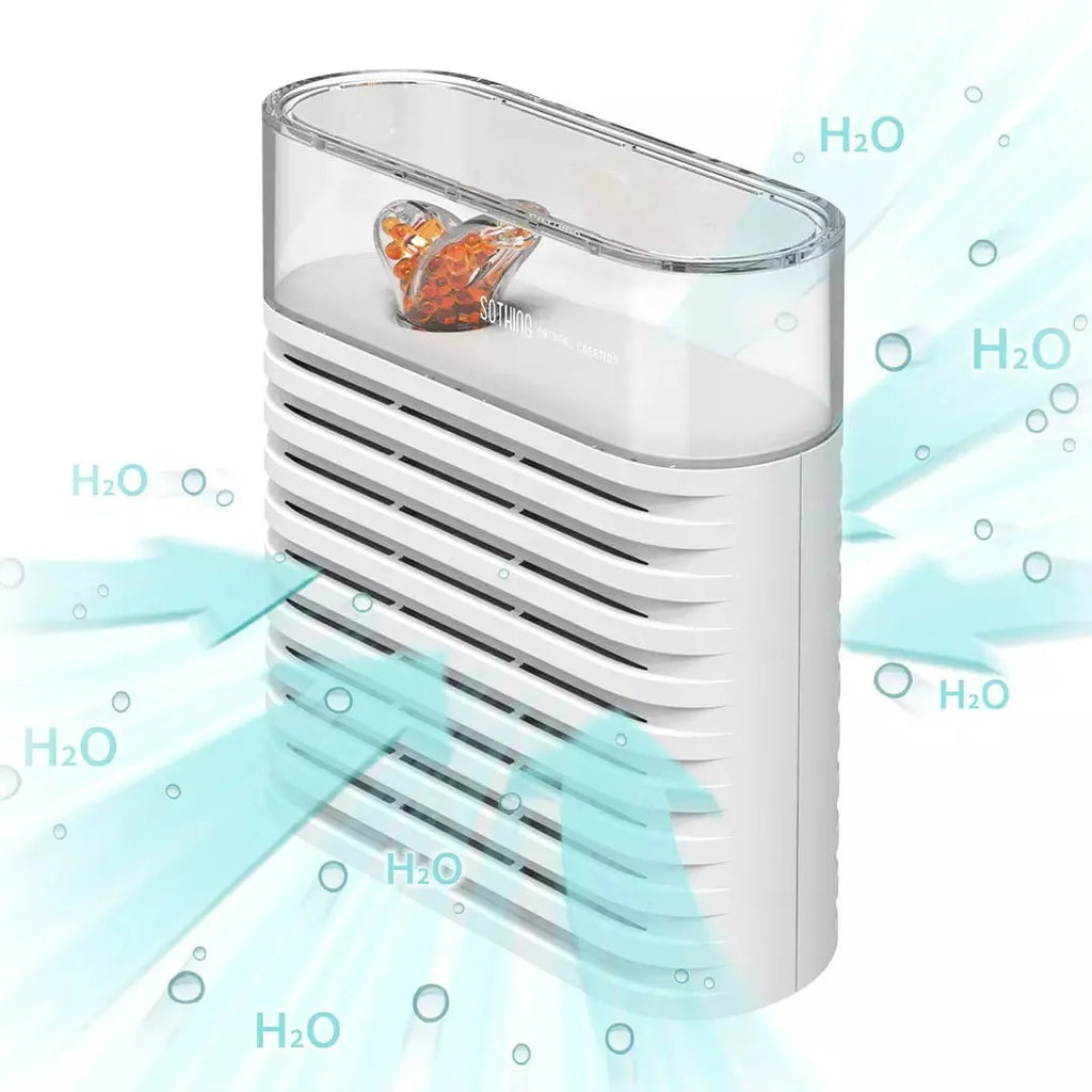 White recyclable electric dehumidifier box for cabinets with transparent top showing orange silica gel crystals.