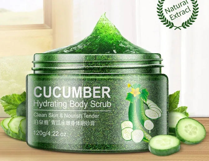 Cucumber skin beauty face and body scrub in green packaging for gentle exfoliation and brighter skin