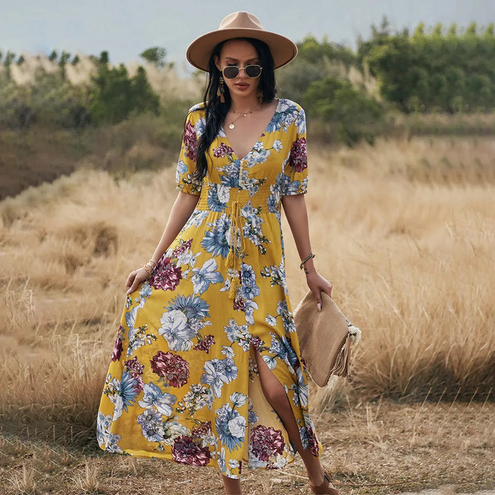 Women's floral print summer dress with V neck and elastic waist in yellow, black, and blue colours