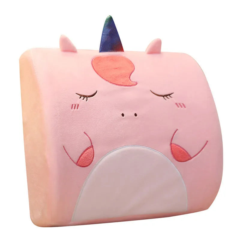 Car seat back cushion with removable memory foam core and cartoon print design options.