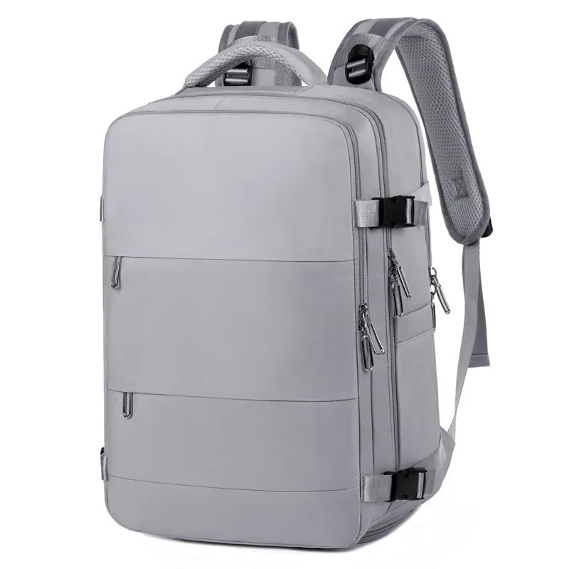 Women's large-capacity travel backpack in purple with organisational compartments and waterproof Oxford cloth construction