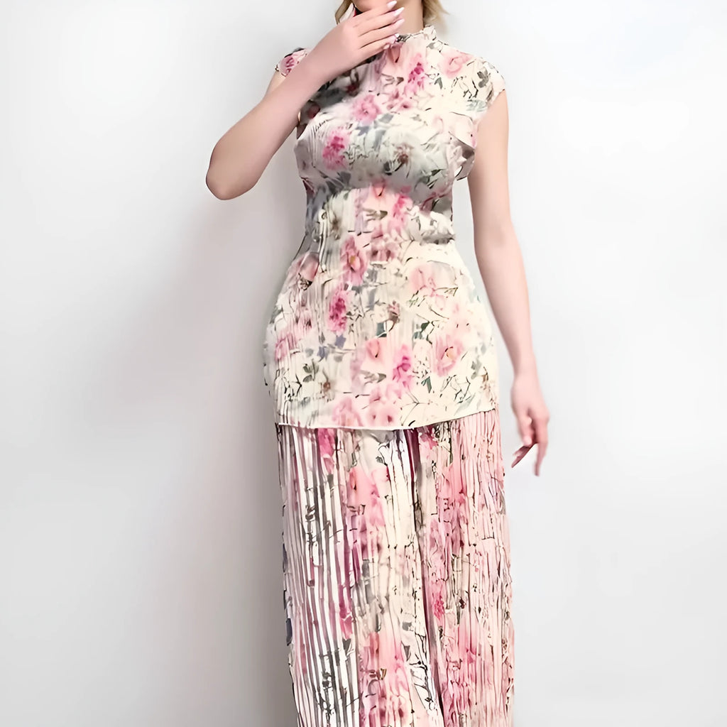 Women's long sleeve printed chiffon dress set with high-waist skirt and matching top
