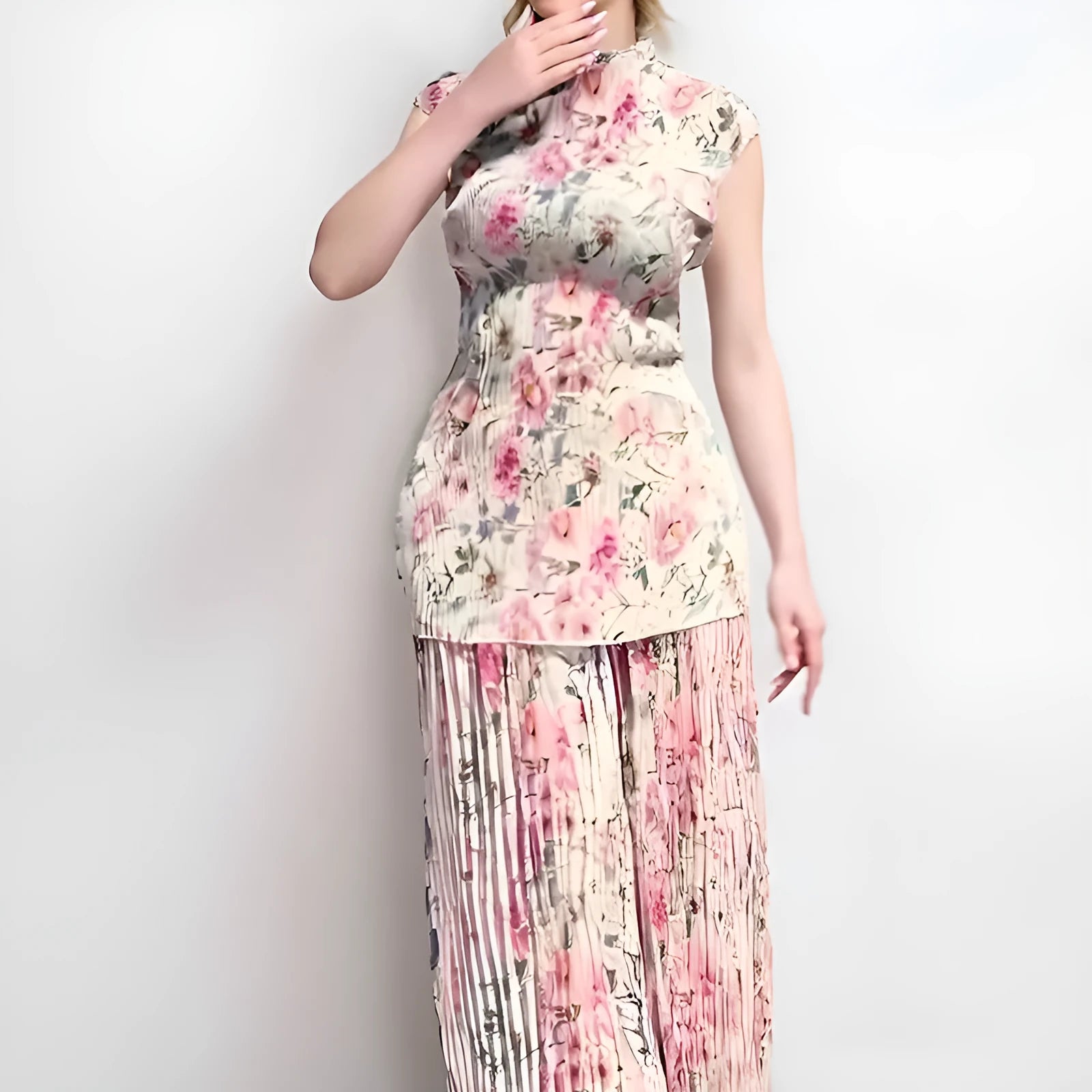 Women's long sleeve printed chiffon dress set with high-waist skirt and matching top