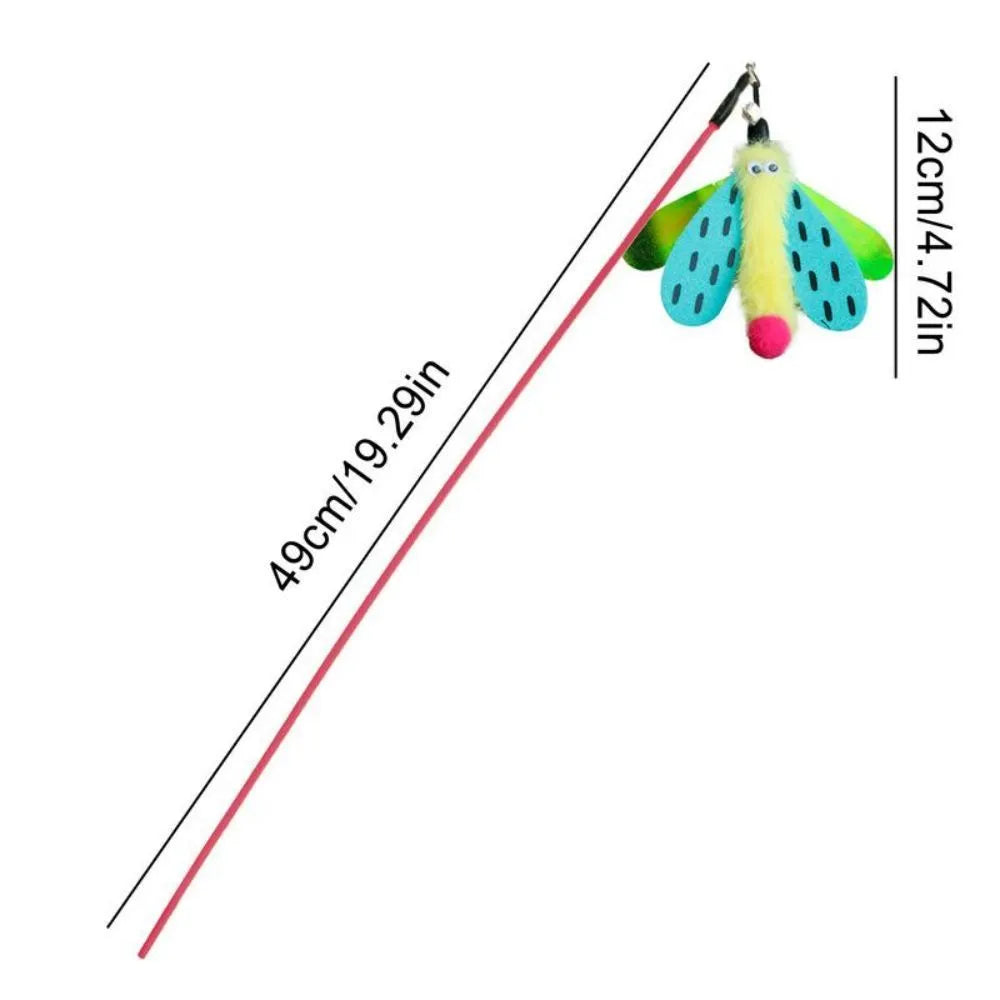 Blue cat wand toy with dragonfly attachment and bell for interactive indoor play