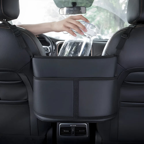 Black leather car seat storage bag with sports carbon fibre pattern, dimensions 38x24x15 cm