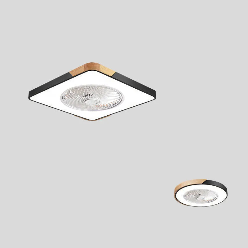 Nordic-style ceiling fan light with solid wood blades, shown in rectangular, round, and square shape options.