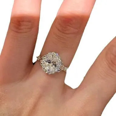 Geometric ellipse diamond ring with adjustable opening in silver finish